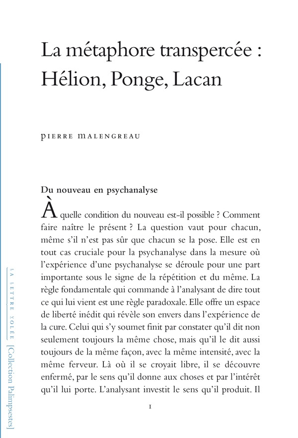 La Métaphore transpercée. Hélion, Ponge, Lacan