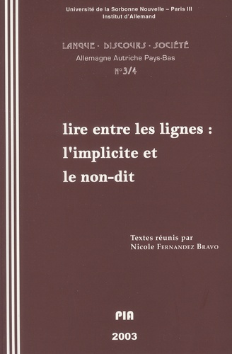 Langue, discours, société. Allemagne, Autriche, Pays-Bas N° 3-4/2003 : L'implicite et le non-dit