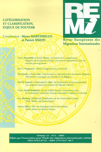 Revue européenne des migrations internationales Volume 21 N° 2/2005 : Catégorisation et classificati