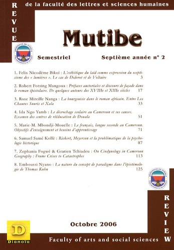 MUTIBE (N 2) REVUE DE LA FACULTE DES LETTRES ET DES SCIENCES HUMAINES SEMESTRIEL SEPTIEME ANNEE N 2