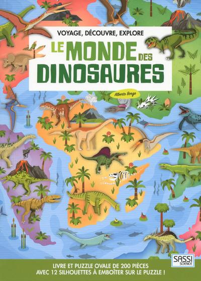 Voyage, découvre, explore - Le monde des dinosaures. Livre et puzzle ovale de 200 pièces avec 12 sil