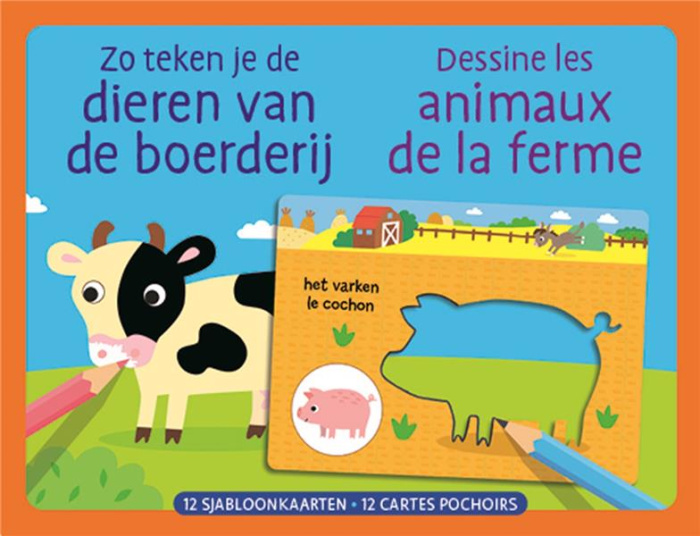Dessine les animaux de la ferme. 12 cartes pochoirs, Edition bilingue français-néerlandais