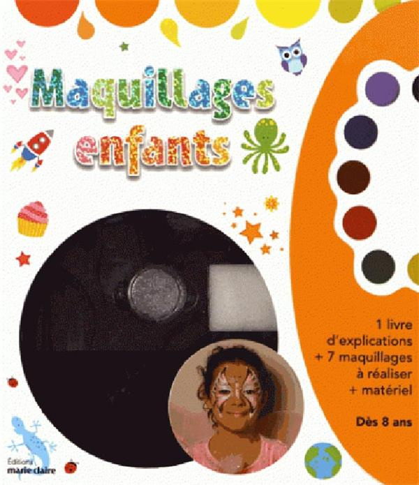 Coffret maquillages enfants. Contient 1 livre d'explications, 6 fards, 1 éponge, paillettes