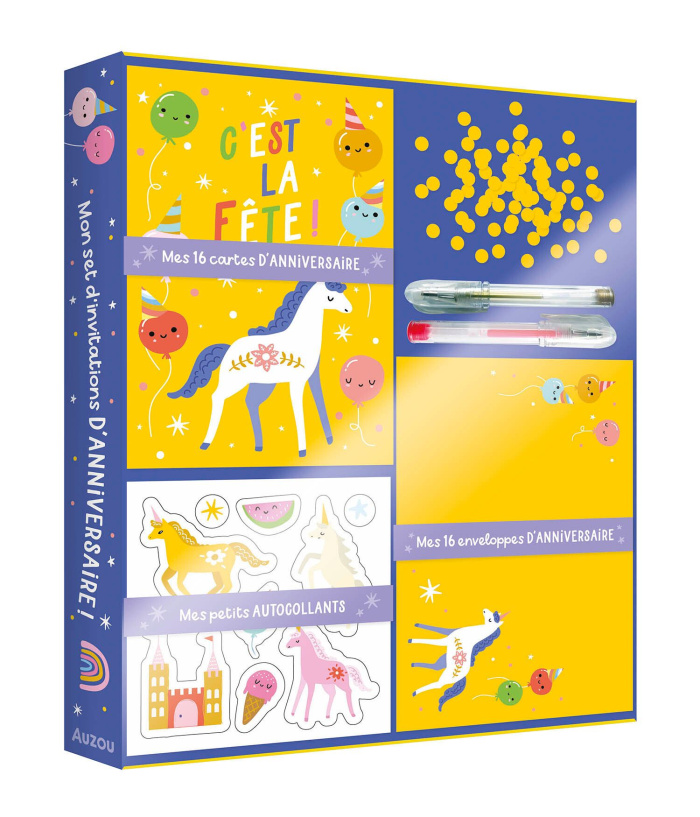 Mon set d'invitations d'anniversaire ! Avec 16 cartes, 2 stylos, 4 feuilles d'autocollants, 16 envel