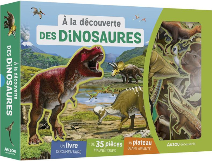 A la découverte des dinosaures. Coffret avec un livre documentaire,   de 30 pièces magnétiques, un p