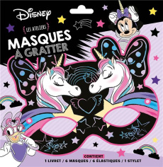 Masque à gratter Minnie et la licorne. Les ateliers. Contient : 1 livret, 6 masques, 6 élastiques, 1