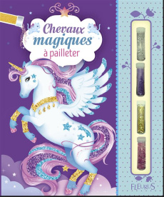 Chevaux magiques à pailleter. Avec 4 cartes à décorer, 4 tubes de paillettes, 1 pique en bois, 1 pin - CANDYBIRD