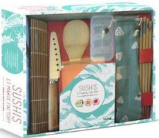 Sushis et Makis Factory. Coffret avec Le livre de recettes, la natte en bambou, le couteau à sushis, - COLLECTIF
