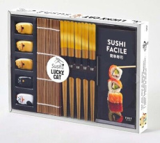 Coffret sushi Lucky cat. Avec 1 natte en bambou, 5 paires de baguettes, 5 repose-baguettes lucky cat - Chemorin Marie