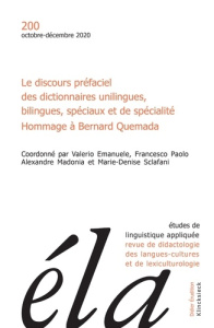 Etudes de Linguistique Appliquée N° 4/2020 : Le discours préfaciel des dictionnaires unilingues, bil - Emanuele Valerio ; Paolo Francesco ; Madonia Alexa
