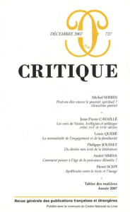 Critique N° 727, Décembre 2007 - Cavaillé Jean-Pierre ; Serres Michel ; Quéré Louis