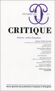 Critique N° 871, décembre 2019 : Adorno, suites françaises - Lindon Irène