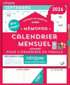 Mémopad calendrier mensuel aimanté pour s'organiser en famille. De septembre 2025 à décembre 2026, E - NESK