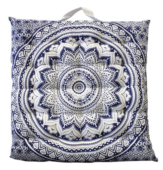 Emprunter zabuton en coton blanc imprime mandala bleu livre