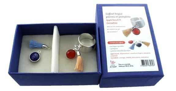 Emprunter COFFRET BAGUE PIERRES ET POMPONS INTERCHANGEABLES - LAPIS LAZULI ET CORNALINE livre