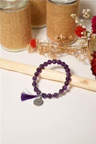Emprunter BRACELET AMETHYSTE PERLES RONDES 8 MM POMPON BRELOQUE KARMA livre