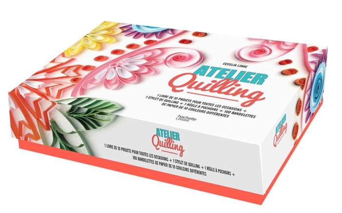Emprunter Coffret : Atelier Quilling. Contient : 1 stylet de Quilling, 1 règle à pochoirs, 100 bandelettes de livre