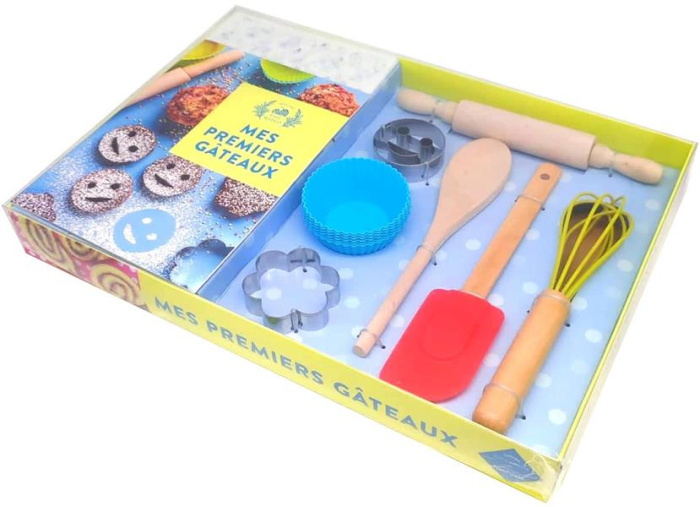 Emprunter Coffret Mes premiers gâteaux. Avec 1 fouet, 1 cuillère, 1 maryse, 1 rouleau à pâtisserie, 6 moules à livre