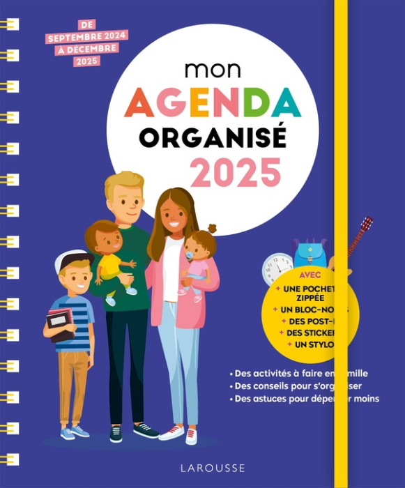 Emprunter Mon agenda Famille Organisée. De septembre 2024 à decembre 2025. Avec 1 critérium, 1 pochette zippée livre
