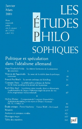 Emprunter Les études philosophiques N° 1, Janvier-Mars 2001 : Politique et spéculation dans l'idéalisme allema livre