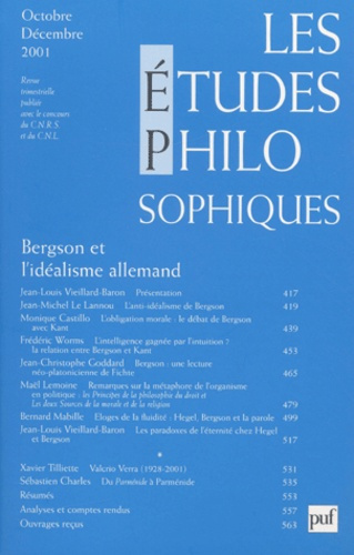 Emprunter Les études philosophiques N° 4, Octobre-Décembre 2001 : Bergson et l'idéalisme allemand livre