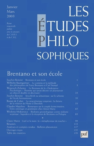 Emprunter Les études philosophiques N° 1, Janvier-Mars 2003 : Brentano et son école livre