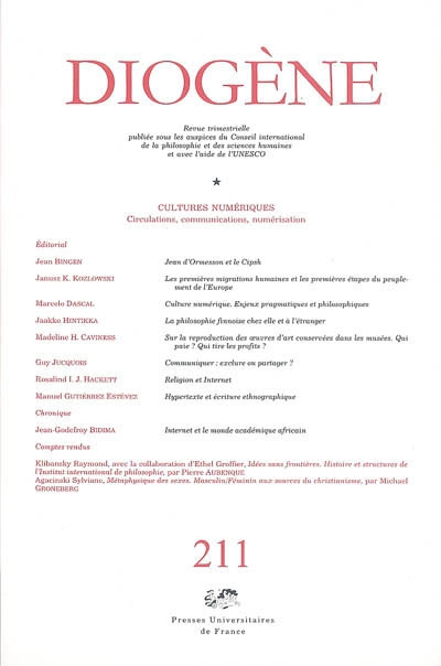 Emprunter Diogène N° 211, Juillet-Septembre 2005 : Cultures numériques. Circulations, communications, numérisa livre