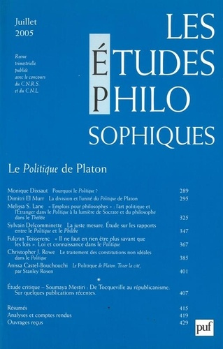 Emprunter Les études philosophiques N° 3, Juillet 2005 : La Politique de Platon livre