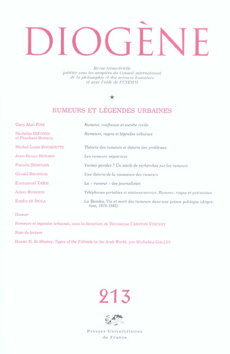 Emprunter Diogène N° 213, Janvier-Mars 2006 : Rumeurs et légendes urbaines livre