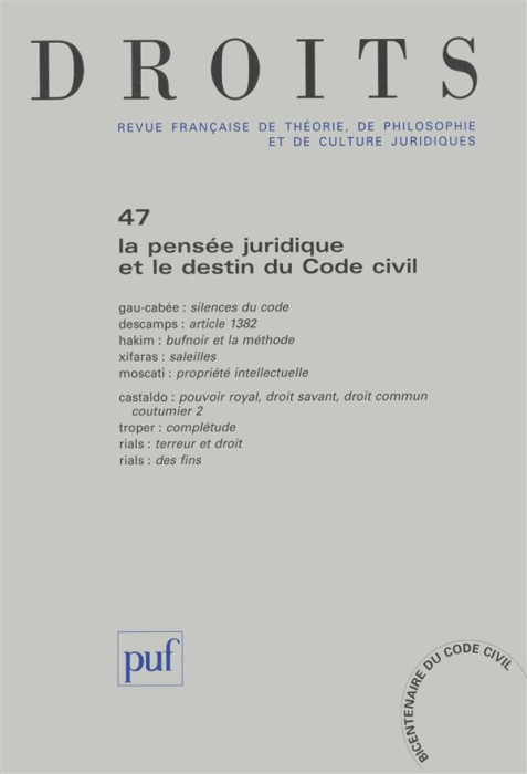 Emprunter Droits N° 47/2008 : La pensée juridique et le destin du code civil livre