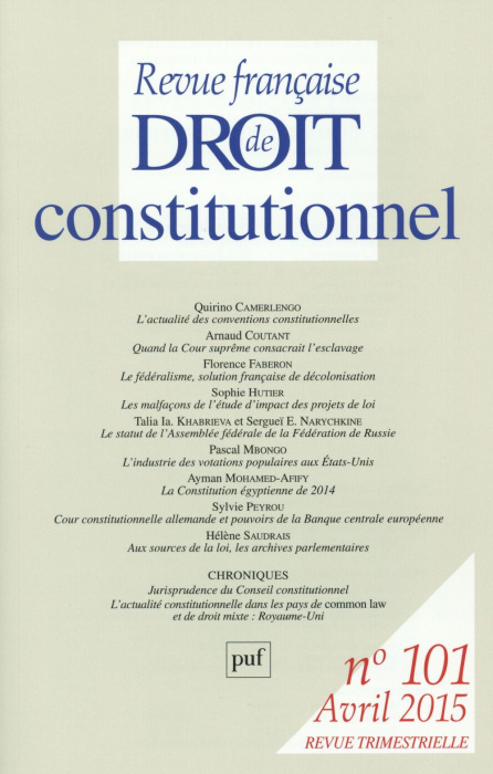 Emprunter Revue française de Droit constitutionnel N° 101, Avril 2015 livre