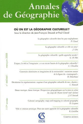 Emprunter Annales de Géographie N° 660-661, mars-juin 2008 : Où en est la géographie culturelle ? livre