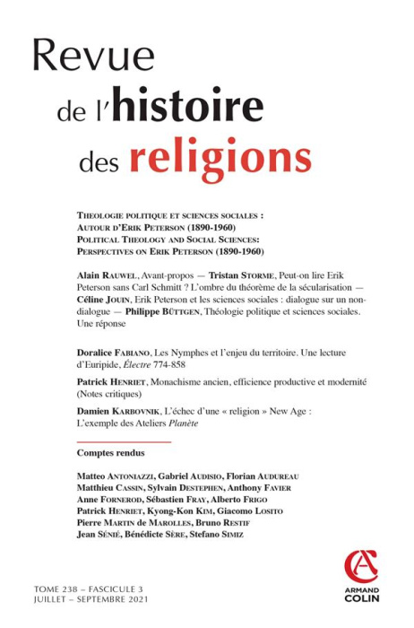Emprunter Revue de l'histoire des religions Tome 238 N° 3, juillet-septembre 2021 : Théologie politique et sci livre