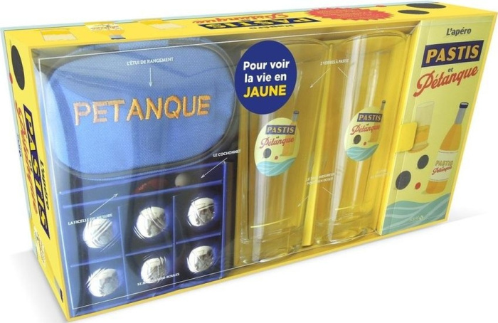 Emprunter L'apéro Pastis et pétanque. Coffret avec 2 verres à pastis gradués, 1 jeu de 6 mini-boules et 1 livr livre