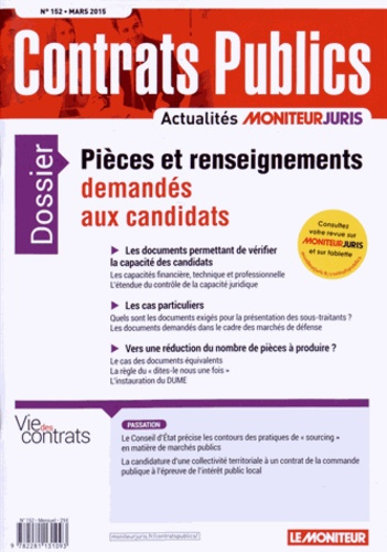 Emprunter Contrats publics N° 152, Mars 2015 : Pièces et renseignements demandés aux candidats livre