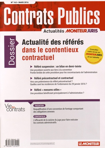 Emprunter Contrats publics N° 163, mars 2016 : Actualité des référés dans le contentieux contractuel livre