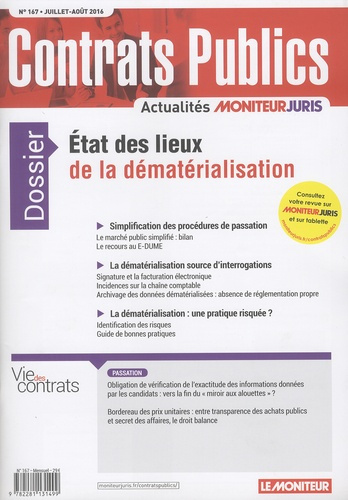 Emprunter Contrats publics N° 167, Juillet-août 2016 : Etat des lieux de la dématérialisation livre