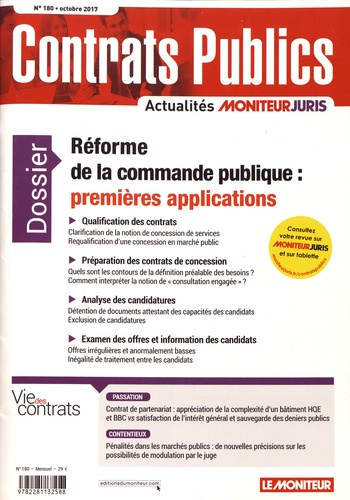 Emprunter Contrats publics N° 180, octobre 2017 : Réforme de la commande publique : premières applications livre