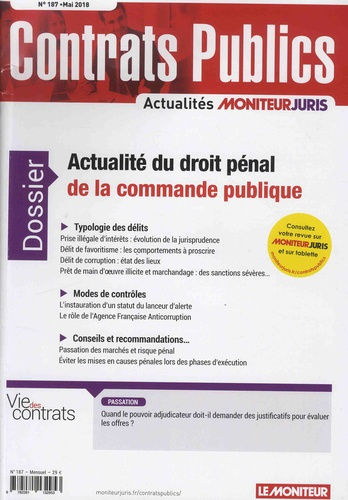 Emprunter Contrats publics N° 187, mai 2018 : Actualité du droit pénal de la commande publique livre