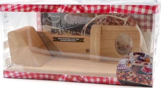 Emprunter A double tranchant. Coffret avec 1 trancheuse à saucisson en bois gravé, lame en acier inoxydable, 1 livre