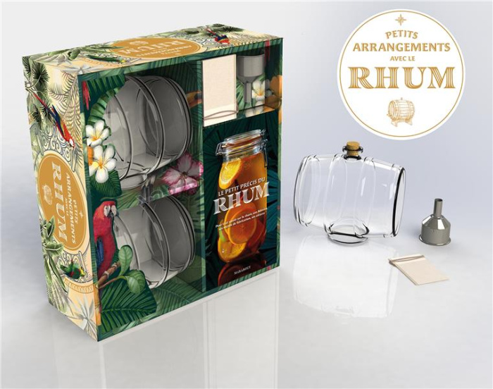 Emprunter Coffret Petits arrangements avec le rhum. Avec 2 tonneaux en verre, 1 entonnoir en inox et 4 étiquet livre