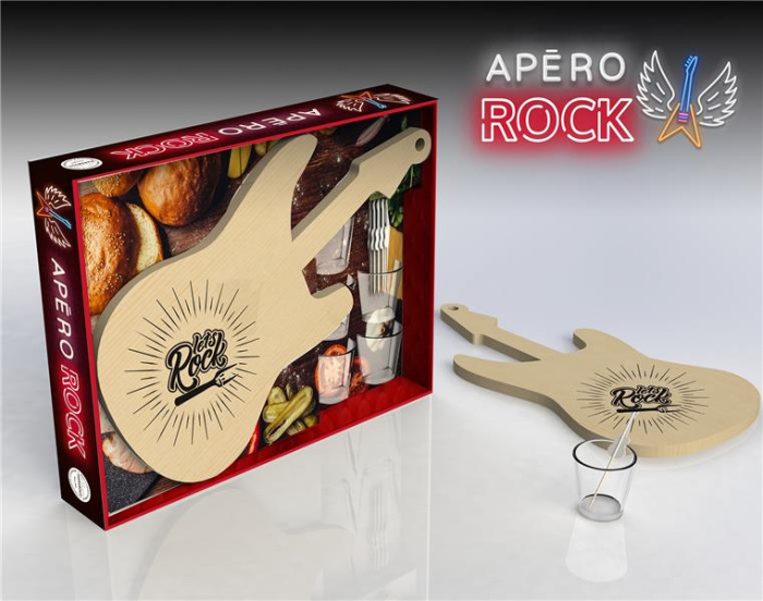 Emprunter Coffret Apéro Rock'n Rhum. Avec 1 planche en bambou en forme de guitare électrique, 5 verres de 5cl, livre