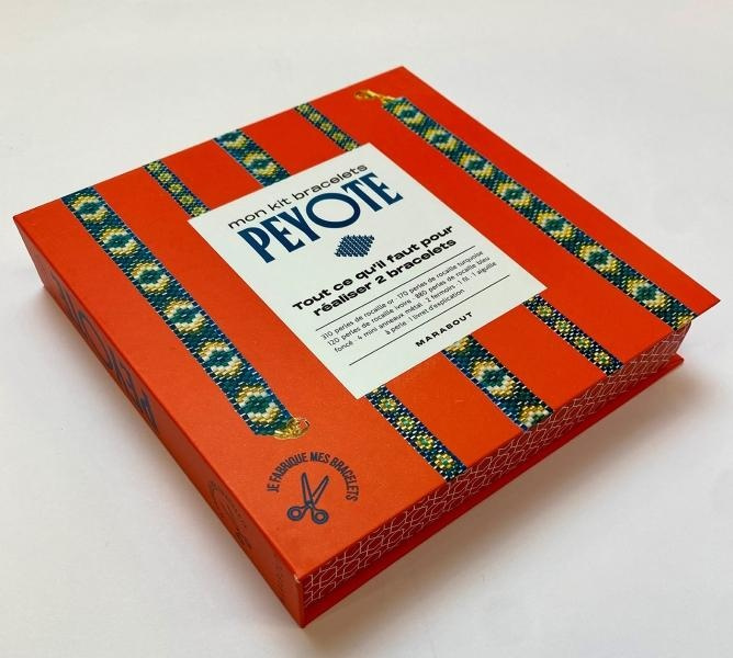 Emprunter Mon kit bracelets Miyuki. Avec des perles de rocaille or, turquoise, ivoire et bleu foncé, des mini livre