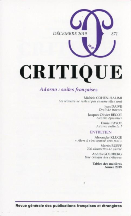 Emprunter Critique N° 871, décembre 2019 : Adorno, suites françaises livre