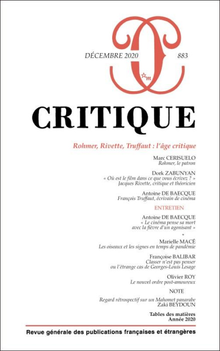 Emprunter Critique N° 883, décembre 2020 : Rohmer, Rivette, Truffaut : l'âge critique livre