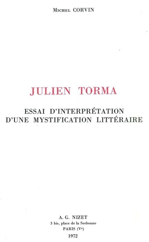 Emprunter Julien Torma. Essai d'interprétation d'une mystification littéraire livre