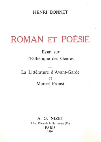 Emprunter Roman et poésie. Essai sur l'Esthétique des Genres. La Littérature d'Avant-Garde et Marcel Proust livre
