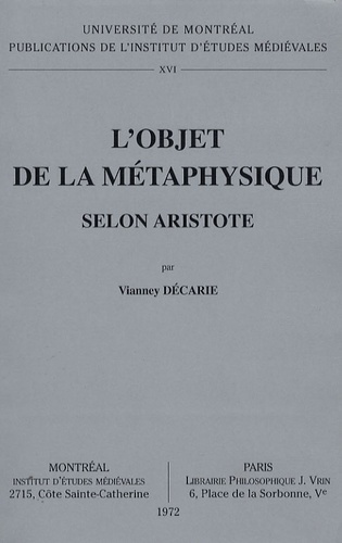 Emprunter L OBJET DE LA METAPHYSIQUE SELON ARISTOTE livre