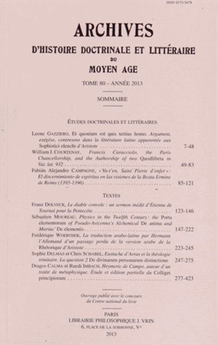 Emprunter ARCHIVES D'HISTOIRE LITTERAIRE ET DOCTRINALE DU MOYEN AGE T LXXX (2013) livre