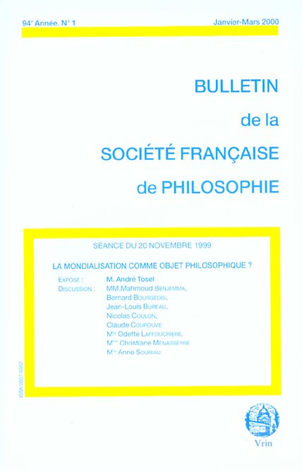 Emprunter LA MONDIALISATION COMME OBJET PHILOSOPHIQUE? (BULLETIN SFP 2000/1) livre